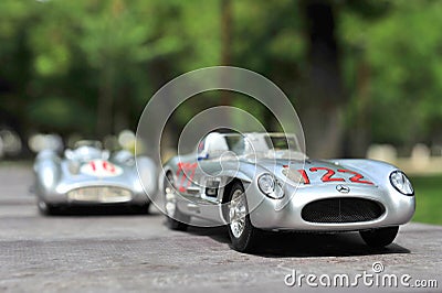 Silver arrows racing cars: Mercedes-Benz 300 SLR and Mercedes-Benz W196R Editorial Stock Photo