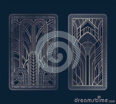 Silver art deco panels with ornament on dark blue background Vector Illustration