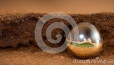 The silver ball lies on the brown muddy ground in the sand. A lost piece of jewelry is lying on a deserted land. Generated AI. Stock Photo