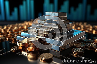 Silver bars on a blue background with financial stock price graph Commodities investment concept, 3d rendering Stock Photo