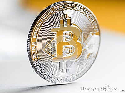 Silver bitcoin close-up Stock Photo