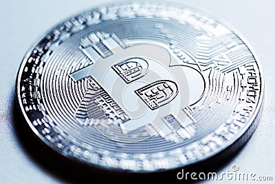 Silver bitcoin close-up Stock Photo