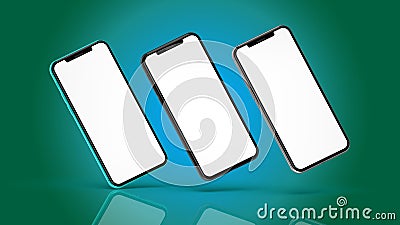 Silver and black smartphones with blank screen, isolated on dark background. Stock Photo