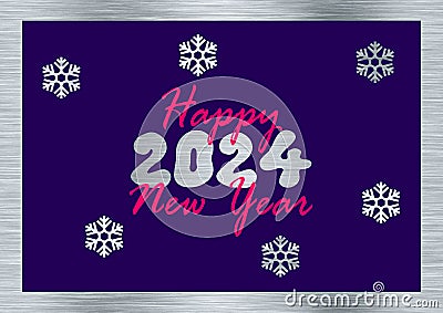 Silver and purple greeting card Happy New Year 2024 in english in pink with snowflakes Stock Photo