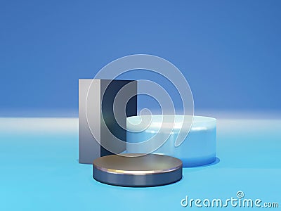 Silver and blue podium. Minimal pedestal for products, cosmetic or skincare advertising. Stock Photo