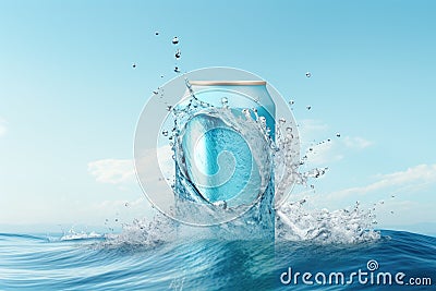 Silver Blue Soda Can with Dynamic Water Splash Stock Photo