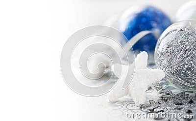 Silver and blue xmas decorations Stock Photo