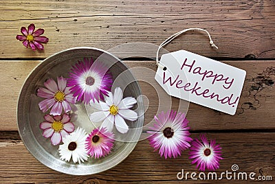 Silver Bowl With Cosmea Blossoms With Text Happy Weekend Stock Photo