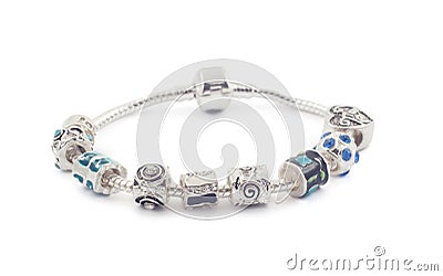 Silver bracelet with beads on white Stock Photo