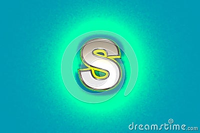 Silver brassy font with yellow outline and green noisy backlight - letter S isolated on blue, 3D illustration of symbols Cartoon Illustration