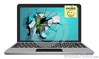 Silver broken laptop hacked by hacker with screen flying into fragments. Computer security, reliability of data storage in network Vector Illustration