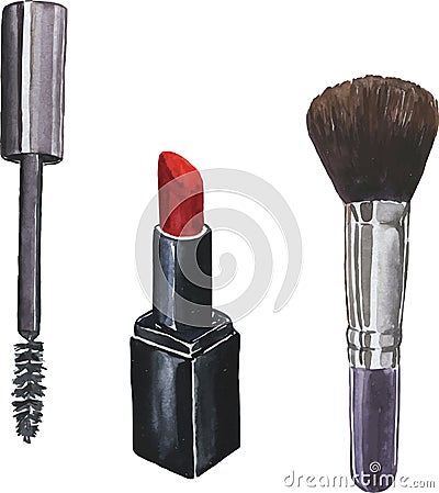 Brushes and lipstick set. Hand drawn watercolor illustration. Vector Illustration