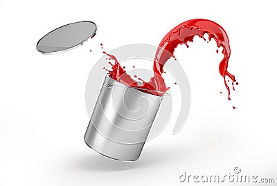 Silver bucket full of vibrant red paint, jumping with paint splashing Stock Photo