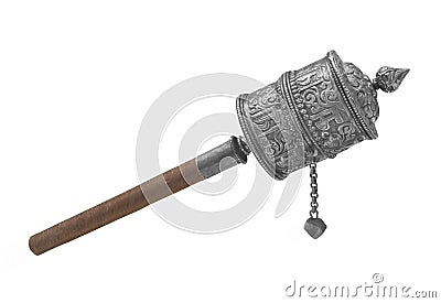 Silver Buddhist prayer wheel isolated Stock Photo