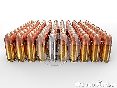 Silver bullet stands out in a pack of ammo Stock Photo