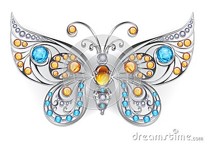 Silver butterfly with amber gems Vector Illustration