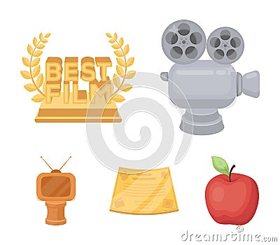 Silver camera. A bronze prize in the form of a TV and other types of prizes.Movie award,sset collection icons in cartoon Vector Illustration