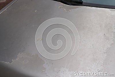 Silver car engine hood grey used paint faded grunge on front gray bonnet Stock Photo