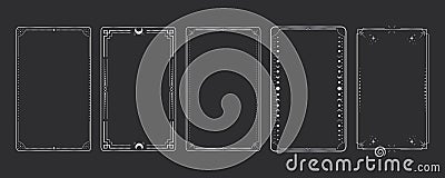 Silver celestial minimal esoteric frame, thin line border, mystyc linear decoration with dots, moon, stars corners Vector Illustration