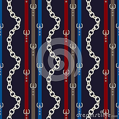 Silver chains with colorful belts on a deep blue background Vector Illustration