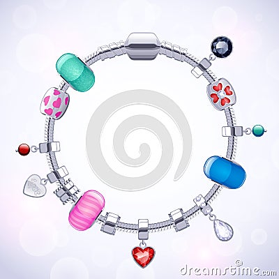 Silver charm bracelet with beads and pendants. Vector Illustration