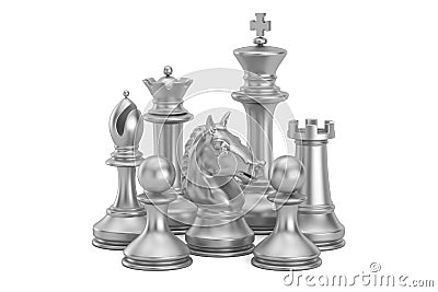 Silver chess figures, 3D rendering Stock Photo
