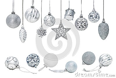 Silver Christmas New Year baubles for Christmas tree ornaments Stock Photo