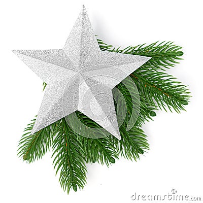 Silver Christmas star on new year tree green branch isolated on white background Stock Photo