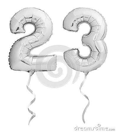 Silver chrome number 23 twenty three made of inflatable balloon with ribbon isolated on white Stock Photo