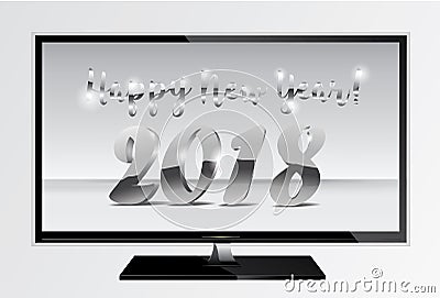 2018 silver chrome numbers design ont tv screen. Happy New Year TV Banner with 2018 Numbers on Gray Background. Vector Vector Illustration