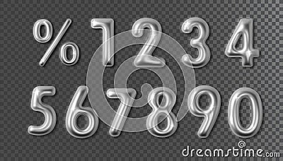 Silver chrome numbers percentage notation with set 3d realistic on dark. Metal number with shadow and glow isolated Vector Illustration