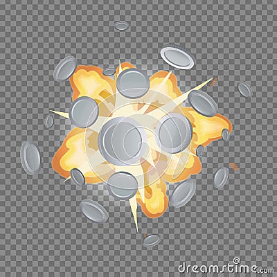 Silver coin fire fog massive explosion. Vector Illustration