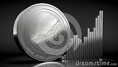 A silver coin icon laced on a silvery gray stock chart. Generative AI Stock Photo