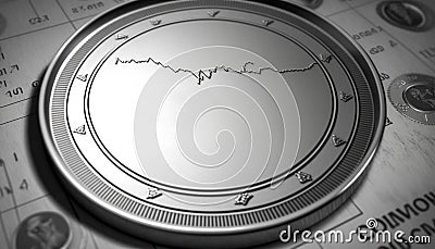 A silver coin icon laced on a silvery gray stock chart. Generative AI Stock Photo