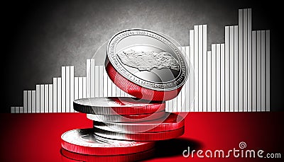 A silver coin icon laced on a silvery gray stock chart. Generative AI Stock Photo