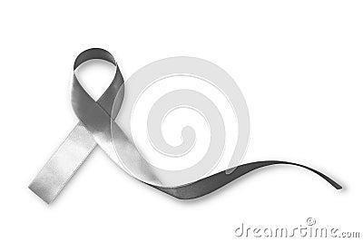 Silver color ribbon isolated on white background clipping path for Parkinson`s disease awareness and Brain cancer tumor illness Stock Photo