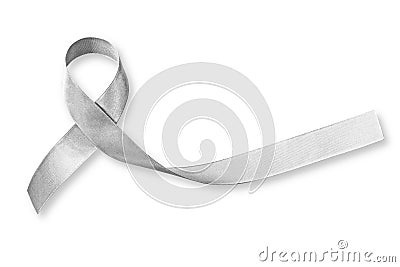 Silver color ribbon isolated on white background clipping path for Parkinson`s disease awareness and Brain cancer tumor illness Stock Photo