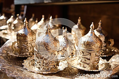 Silver colored traditional middle-eastern tea set Stock Photo