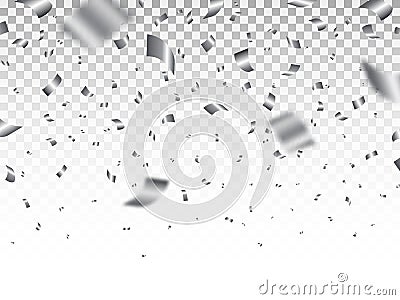 Silver confetti isolated on transparent backdrop. Luxury bright tinsel. Festive decoration elements. Realistic falling Vector Illustration