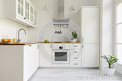 Silver cooker hood in minimal white kitchen interior with plant Stock Photo