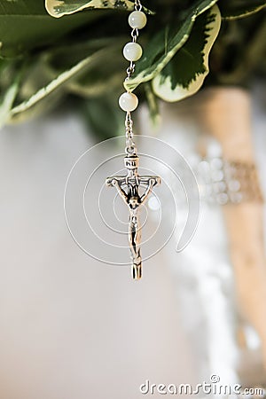 Silver Crucifix Rosary Beads Stock Photo