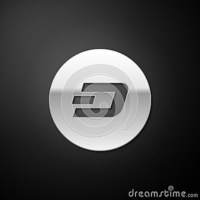 Silver Cryptocurrency coin Dash icon isolated on black background. Physical bit coin. Digital currency. Blockchain based Vector Illustration