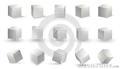 Silver cube. Grey box metallic shape. Vector square block set. 3D cubic objects Vector Illustration