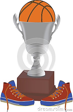 Silver cup with basketball ball inside and shoes Vector Illustration