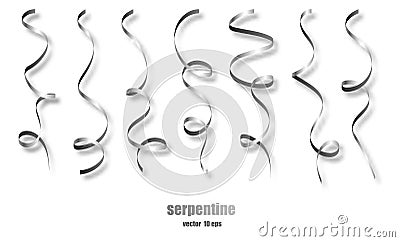 Silver curly ribbon serpentine confetti. Silver streamers set on transparent background. Colorful design decoration Vector Illustration