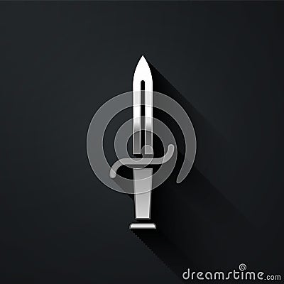 Silver Dagger icon isolated on black background. Knife icon. Sword with sharp blade. Long shadow style. Vector Vector Illustration