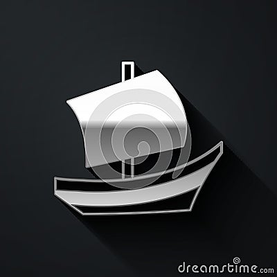 Silver Egyptian ship icon isolated on black background. Egyptian papyrus boat. Long shadow style. Vector Vector Illustration