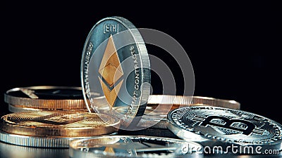 SIlver Ethereum coin on black background. Silver Crypto coin on spinning stand. Editorial Stock Photo