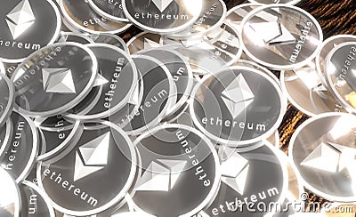 Silver Ethereum coins, Blockchain concept. 3D rendering Editorial Stock Photo