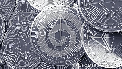 Silver Ethereum cryptocurrency mining concept background. Editorial Stock Photo